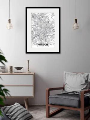 queence Bild "Frankfurt Stadtkarte", Städte-Schriftzug-Deutschland-Stadt-Frankfurt am Main-Schwarz-Weiß, (1 St.), HD Premium Poster-Druck inkl. Holzrahmen