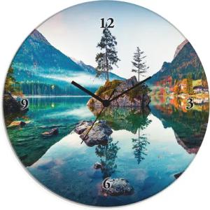 Artland Wanduhr "Glasuhr rund Herbstszene des Hintersee vor Alpen", wahlweise mit Quarz- oder Funkuhrwerk, lautlos ohne Tickgeräusche