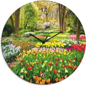 Artland Wanduhr "Glasuhr rund Tulpen Garten Frühling", wahlweise mit Quarz- oder Funkuhrwerk, lautlos ohne Tickgeräusche