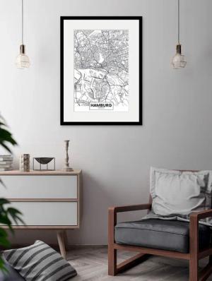 queence Bild "Hamburg Stadtkarte", Städte-Stadt-Deutschland-Gebäude-Schriftzug-Hamburg, (1 St.), HD Premium Poster-Druck inkl. Holzrahmen