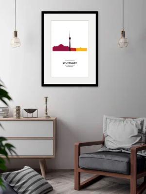 queence Bild "Stuttgart Color Splash", Städte-Schriftzug-Deutschland-Gebäude, (1 St.), HD Premium Poster-Druck inkl. Holzrahmen
