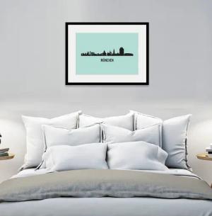 queence Bild "München Skyline", Städte-Stadt-Deutschland-Gebäude-Schriftzug-München, (1 St.), HD Premium Poster-Druck inkl. Holzrahmen