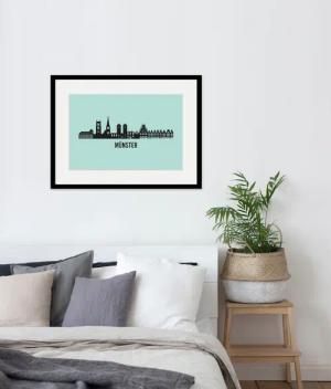 queence Bild "Münster Skyline", Städte-Stadt-Deutschland-Kirche-Gebäude-Schriftzug, (1 St.), HD Premium Poster-Druck inkl. Holzrahmen