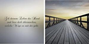 queence Leinwandbild "Weg in die Zukunft", Steg-Sonnenaufgang-Himmel-Kunst-Modern-Spa-Spa Bilder-Sprüche-Sprüche & Texte-Schriftzug-Schriftzüge, (Set), Premium-Leinwandstoff, Handarbeit aus Deutschland, Spruch, 2er Set