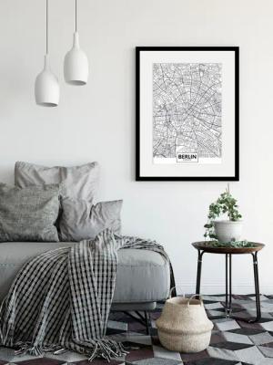 queence Bild "Berlin Stadtkarte", Städte-Stadt-Deutschland-Berlin-Schwarz-Weiß, (1 St.), HD Premium Poster-Druck inkl. Holzrahmen