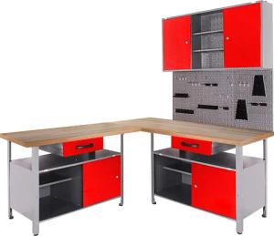 ONDIS24 Werkstatt-Set, (4 tlg.), mit 2 Werkbänken, Werkzeugschrank & Lochwand