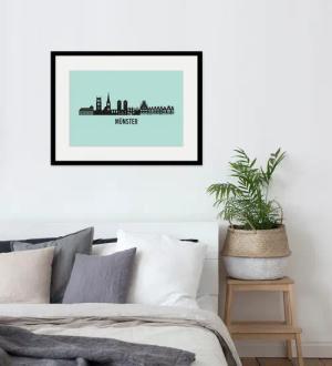 queence Bild "Bremen Skyline", Städte-Stadt-Deutschland-Gebäude-Schriftzug, (1 St.), HD Premium Poster-Druck inkl. Holzrahmen