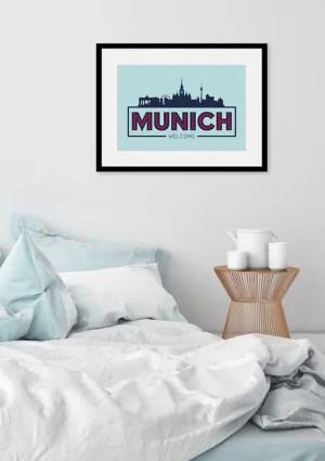 queence Bild "Welcome Munich", Städte-Stadt-Deutschland-München-Schriftzug, (1 St.), HD Premium Poster-Druck inkl. Holzrahmen