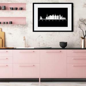 queence Bild "Frankfurt Skyline BLACK", Städte-Schriftzug-Deutschland-Stadt-Frankfurt am Main-Schwarz-Weiß, (1 St.), HD Premium Poster-Druck inkl. Holzrahmen