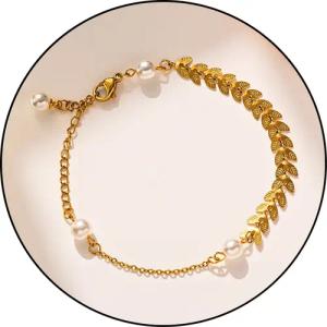 GOLDKLEIN Edelstahlarmband Perlen Lorbeerblatt Edelstahl Gold