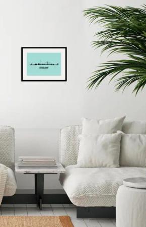 queence Bild "Düsseldorf Skyline", Städte-Stadt-Deutschland-Gebäude-Schriftzug-Düsseldorf, (1 St.), HD Premium Poster-Druck inkl. Holzrahmen