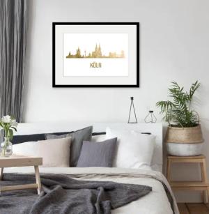 queence Bild "Köln Skyline GOLD", Städte-Schriftzug-Deutschland-Stadt-Köln, (1 St.), HD Premium Poster-Druck inkl. Holzrahmen