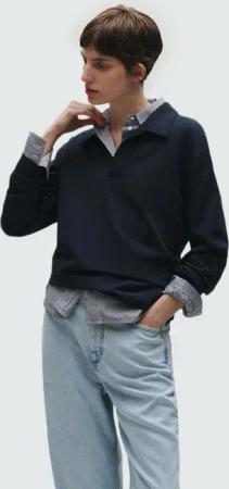 Marc OPolo Langarm-Poloshirt "Heavy Jersey-Woven", V-Ausschnitt, Langarm