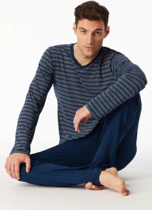 Schlafanzug lang V-Ausschnitt Ringel dunkelblau - Long Life Soft 46