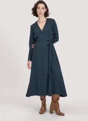 hessnatur Damen Wickelkleid Knöchellang Regular aus LENZING™ ECOVERO™ Viskose - blau - Größe 48