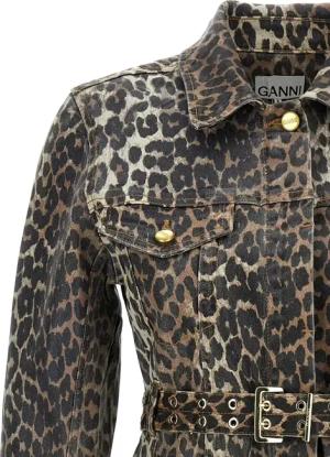 GANNI - Leopard Print Cotton Denim Mini Dress - Größe 36 - braun