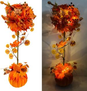 Online-Fuchs Dekobaum mit LED-Lichterkette, Samtkürbis und