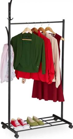 relaxdays Garderobenständer Schwarze Garderobe mit Rollen