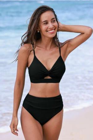 Schwarzes Twist-Bikini-Oberteil & gerüschtes Bikinihose-Set