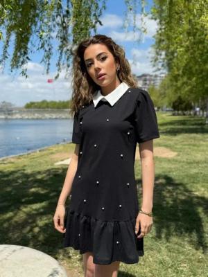 Moda Yakamoz Midikleid Damen Kurzarm Perlenbesetztes