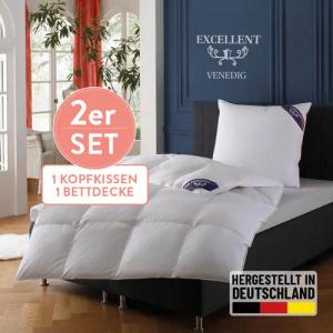 Excellent Daunenbettdecke + 3-Kammer-Kopfkissen "Venedig, 2-tlg, hergestellt in Deutschland, verschiedene Größen", (Spar-Set, 2-Tlg.), Decke mit Kissen,Set, Sommer, Winter, Bettdecke 135x200 cm, 155x220 cm