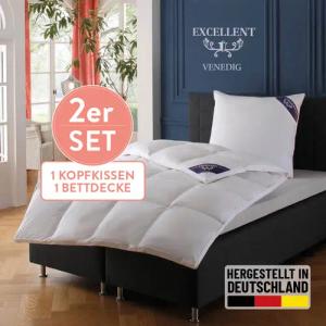 Excellent Daunenbettdecke + 3-Kammer-Kopfkissen "Venedig, 2-tlg, hergestellt in Deutschland, verschiedene Größen", (Spar-Set, 2-Tlg.), Decke mit Kissen,Set, Sommer, Winter, Bettdecke 135x200 cm, 155x220 cm