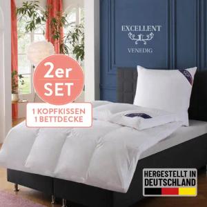 Excellent Daunenbettdecke + 3-Kammer-Kopfkissen "Venedig, 2-tlg, hergestellt in Deutschland, verschiedene Größen", (Spar-Set, 2-Tlg.), Decke mit Kissen,Set, Sommer, Winter, Bettdecke 135x200 cm, 155x220 cm