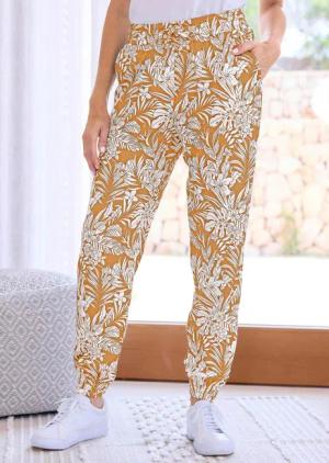 Bequeme Freizeithose mit Schlupfbund und Taschen - beige / weiß / gemustert - Gr. 20 von Goldner Fashion