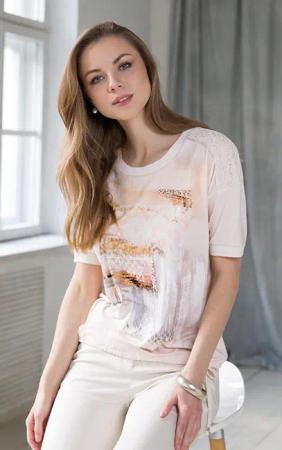 Passioni Print-Shirt Aprikosefarbenes T-Shirt mit dekorativem