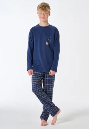 Schlafanzug lang Faultier Karo dunkelblau - Teens Nightwear 176