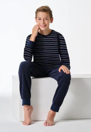 Schlafanzug lang Frottee Bündchen dunkelblau geringelt - Teens Nightwear 176