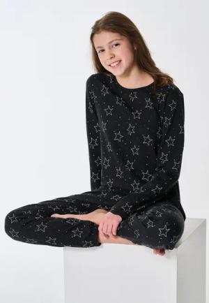 Schlafanzug lang Bündchen Sterne schwarz - Teens Nightwear 176