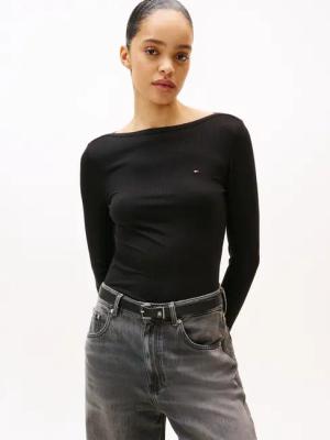 Tommy Hilfiger Langarmshirt "SLIM 5X2 RIB BOAT-NK LS mit U-Boot Ausschnitt und Rippstruktur", unifarben, casual, slim fit, Viskosemix, U-Boot-Ausschnitt
