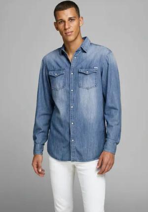 Jack & Jones Jeanshemd "JJESHERIDAN im Workwear-Stil mit robuster Baumwollqualität", unifarben, modisch, slim fit, Baumwolle, Hemdkragen