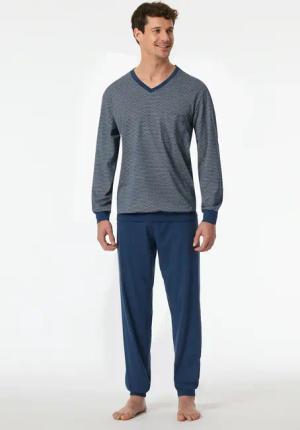 Schiesser Pyjama "Comfort Essentials", (2 tlg.), V-Ausschnitt, Brusttasche, Baumwolle, Langarm