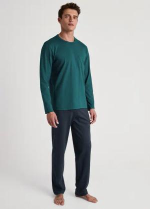 CALIDA Relax Essentials Pyjama, langfür Herren, XXL, Türkis,Blau, Basic aus reiner Bio-Baumwolle