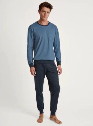 CALIDA Relax Essentials Bündchen-Pyjamafür Herren, XXL, Blau, Basic aus reiner Bio-Baumwolle