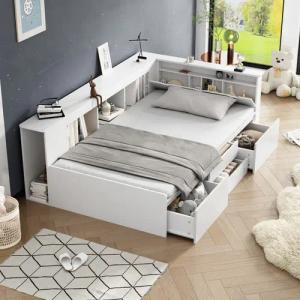 Ulife Kinderbett Jugendbett, Einzelbett mit Schubladen,Bücherregal