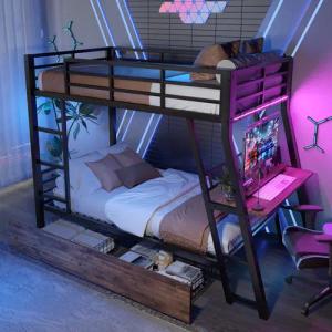 BlingBin Hochbett (1-St., mit Schreibtisch, LED-Beleuchtung,