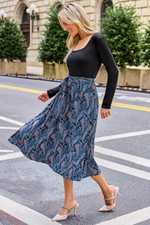 Paisley Gerader Ausschnitt Langrarm Midikleid mit Taillengürtel