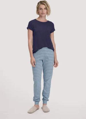 hessnatur Damen Schlafhose PURE COTTON aus Bio-Baumwolle - blau - Größe 48