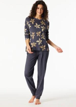 Schlafanzug lang Bündchen Blumen graphit - Comfort Nightwear 44