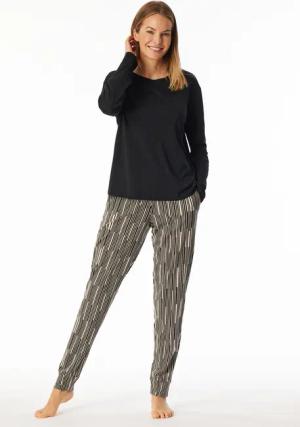 Schlafanzug lang Interlock Bündchen Ginkgo schwarz - Modern Nightwear 40