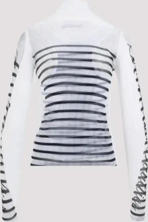 Jean Paul Gaultier - Spandex Mesh Printed Feathers Mariniere Top - Größe M - weiß