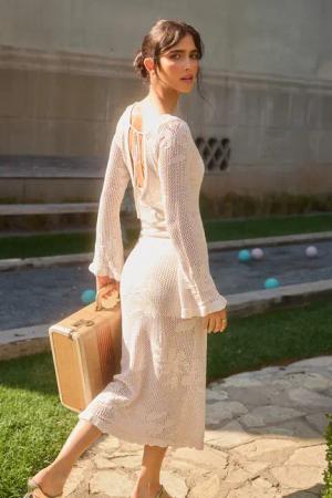 Lange Ärmel Midi-Strickkleid mit Unterkleid
