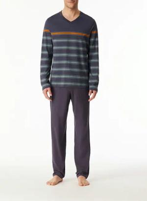 Schiesser Herren Pyjama grau Jersey-Baumwolle Gestreift