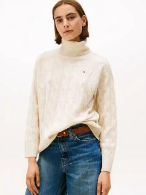 Tommy Hilfiger Rollkragenpullover "SOFT WOOL CABLE ROLL-NK LS SWT", mit Zopfmuster, aus reiner Wolle