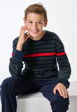 Schlafanzug lang Frottee Bündchen dunkelgrün geringelt - Nightwear 140