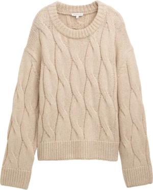 TOM TAILOR Damen Loose Fit Strickpullover mit Zopfmuster, braun, Meliert, Gr. XS