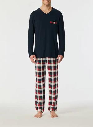 Schiesser Herren Pyjama blau Jersey-Baumwolle Kariert
